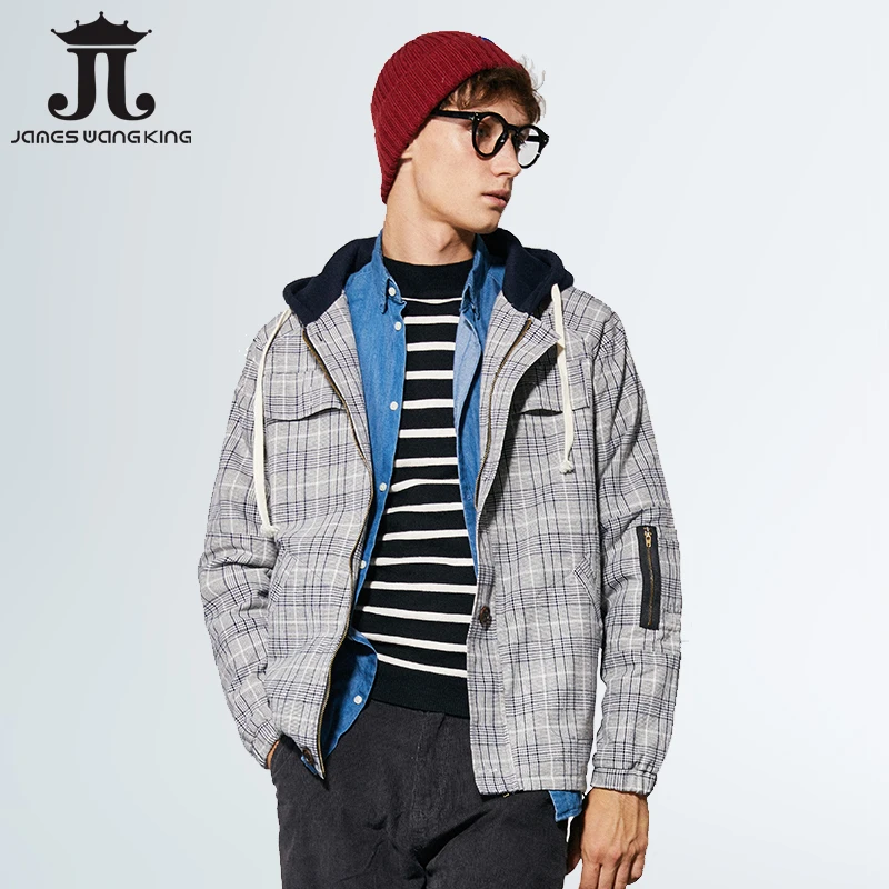 

2019 Spring&Autumn Hooded Plaid Pockets Jacket -Fit Euro/US