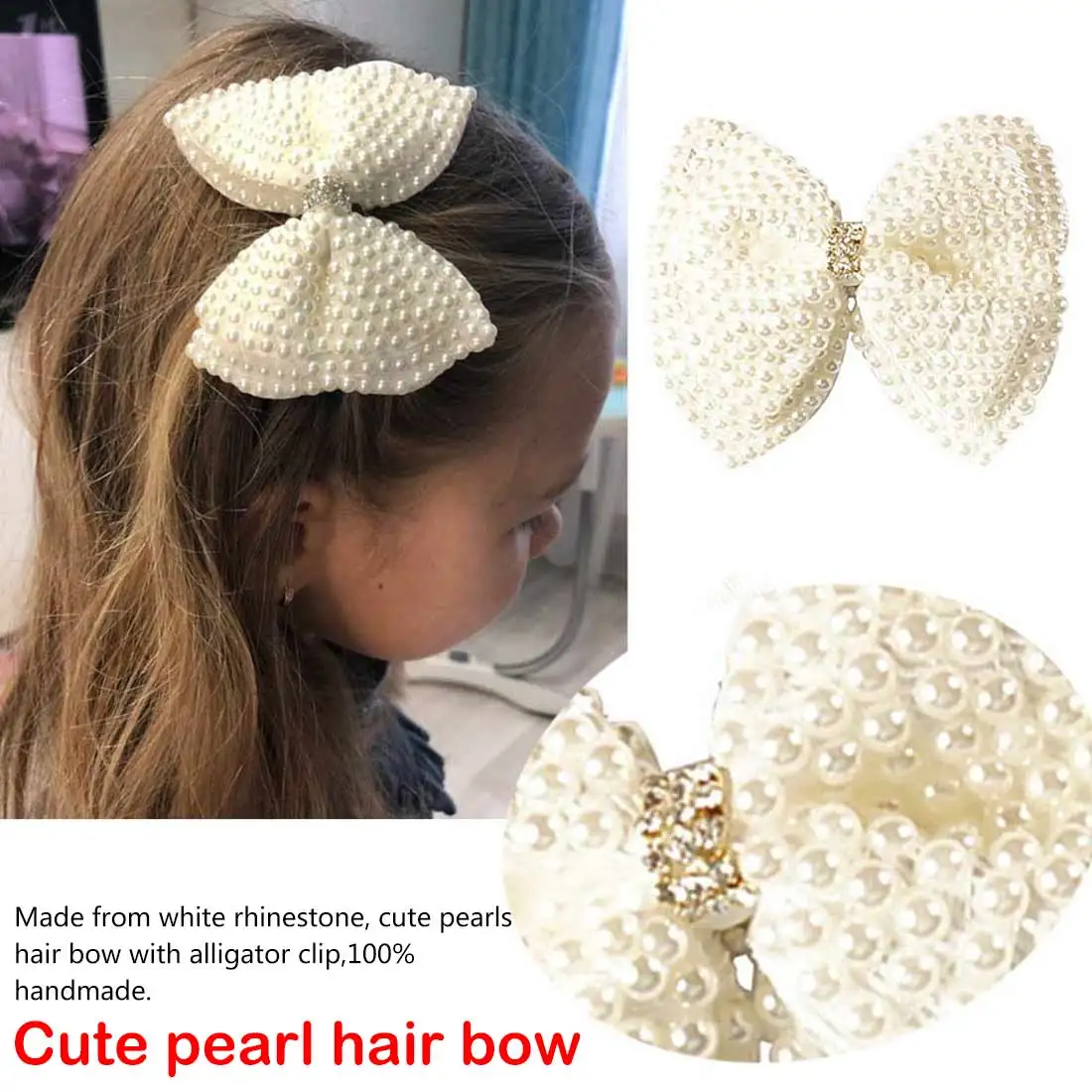 

2 Pcs White Rhinestone Bow Girl Kids Pearls Hair Bow With Alligator Hair Clips Beads Hairgrip Hair Styling Accessories