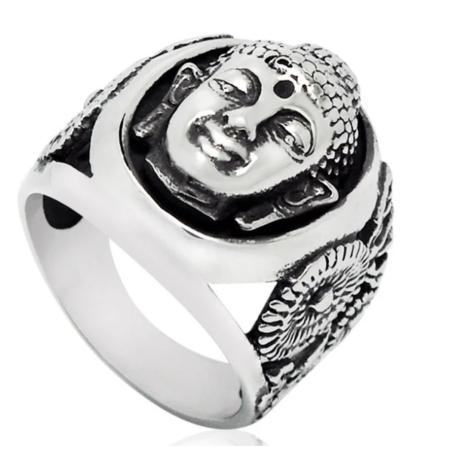 Religious Jewelry Vintage Ethnic Buddha Ring Mens Bulk Rings Stainless Steel Male Amulet Jewelry