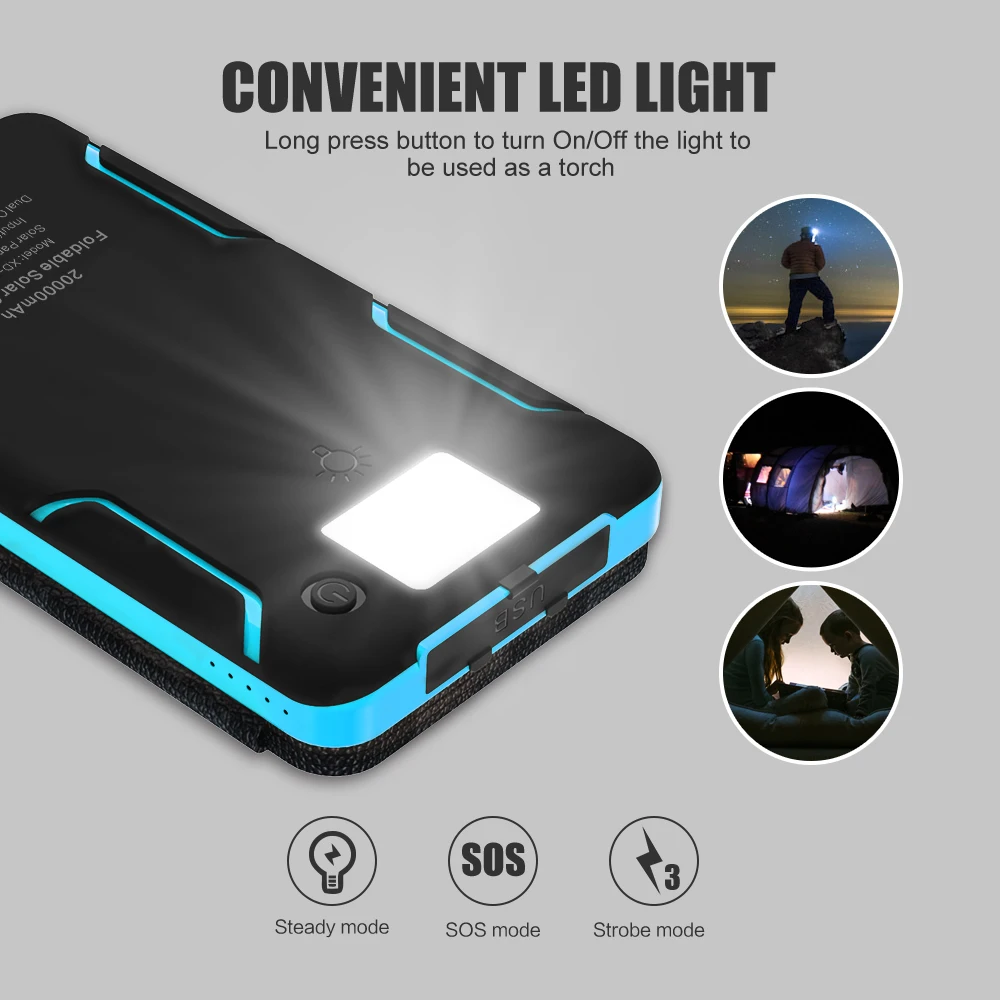  20000mAh External Battery Solar Power Bank for iPhone 4 5 5s iPhone 6 6s iPhone 7 8 iPhone X iPad S