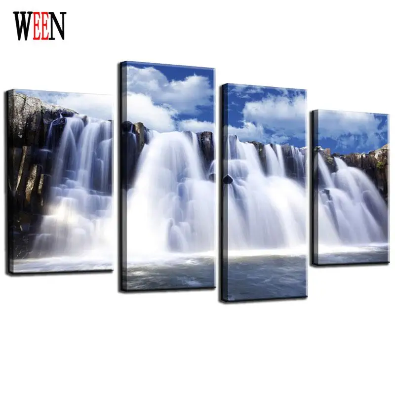 

WEEN HD Printed Framed Waterfall Picture Direatly Handed 4 Piece Canvas Art Landscape Wall Pictures For Living Room New Gift