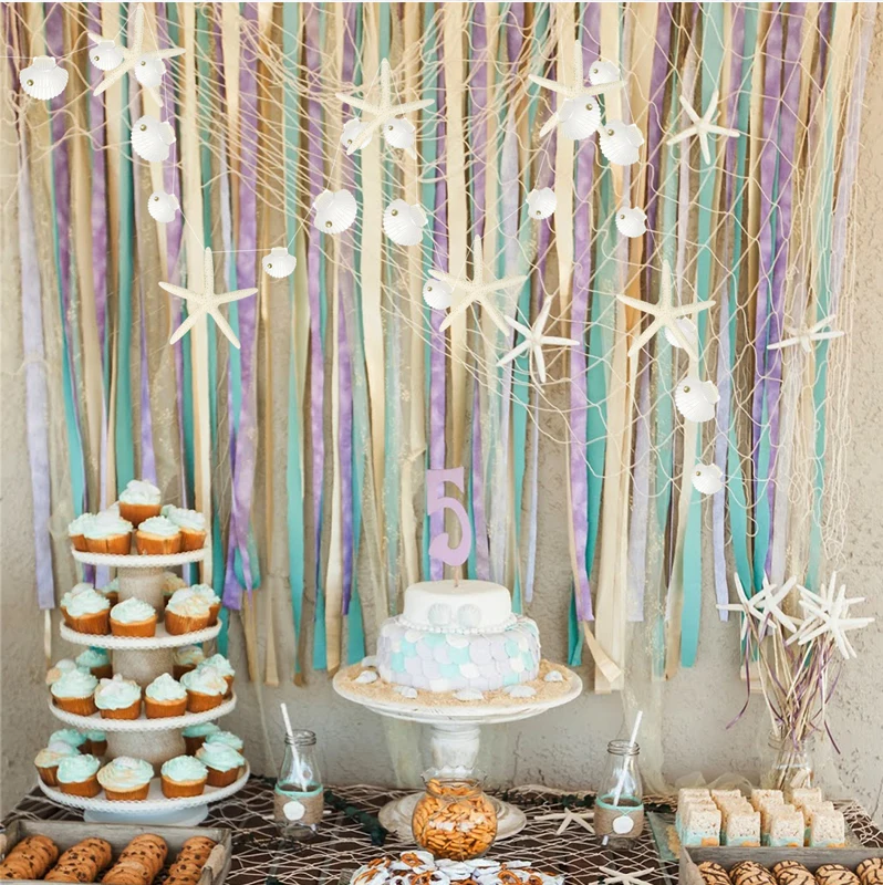 

Shells Starfish Banner Mermaid Metal Balloons Garland Under The Sea Blue Circle Dots Hanging Flag Banner Birthday Beach Wedding