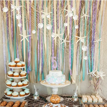 

Shells Starfish Banner Mermaid Metal Balloons Garland Under The Sea Blue Circle Dots Hanging Flag Banner Birthday Beach Wedding