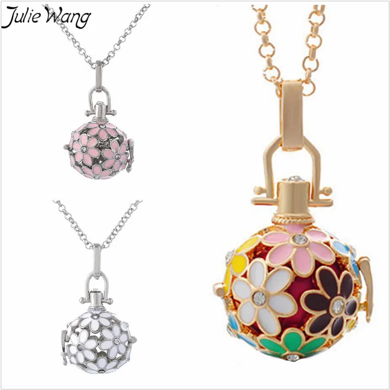 

Julie Wang 1PC Openable Flower Colorful Enamel Cage Locket Pendant Necklace Link Chain Fashion Essential Oil Diffuser Jewelry
