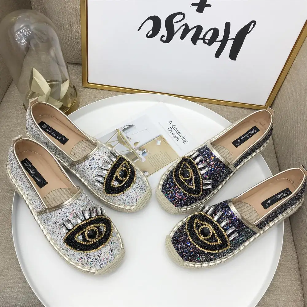 

mixed colors bling bling espadrilles women big eyes crystal fisherman shoes handmade knitting flat loafers woman casual slip on