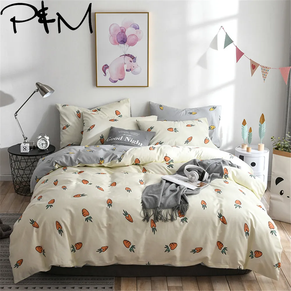 

Papa&Mima Cartoon carrot print bedding set Cotton 3/4pcs Twin Queen size flat sheet pillowcases duvet cover sets Dropshipping
