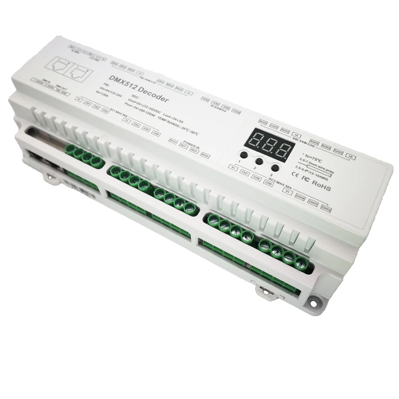 DMX512 декодер DC12V-24V 5А* 24CH Max 120A 2880 Вт выход RGB/RGBW декодер полосы RJ45 подключить светодиодный экран 24 канала DMX декодер