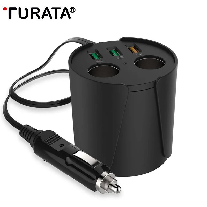 

Turata Quick Charge 3.0 Car Charger 3-USB Ports 2-Socket Cigarette Lighter 12V/24V DC Cup Holder Power Adapter Phone Charger