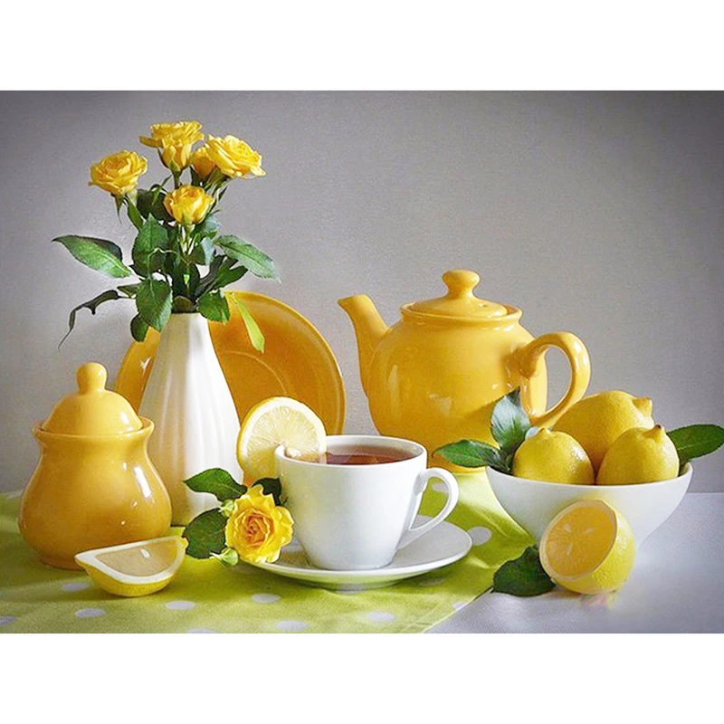 

New Yellow Tea Set & Lemons Diy diamond painting kit 5D handmake decorative painting cross stitch embroidery beadwork KBL