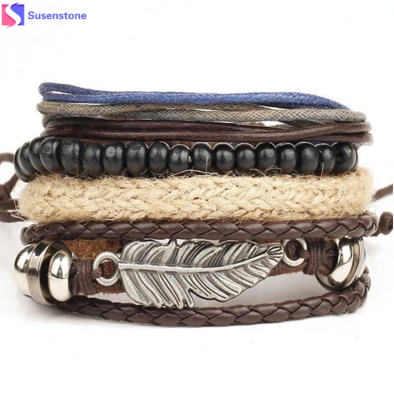 

New Men's Braided Leather Stainless Steel Cuff Bangle Bracelet Wristband Multi - layer bracelet #5-6