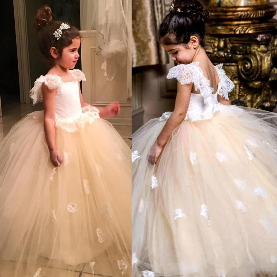 

2017 Puffy Flower Girl Dresses for Wedding Cheap Ankle Length Cap Sleeve Lace Tulle White First Communion Dresses Free Shipping