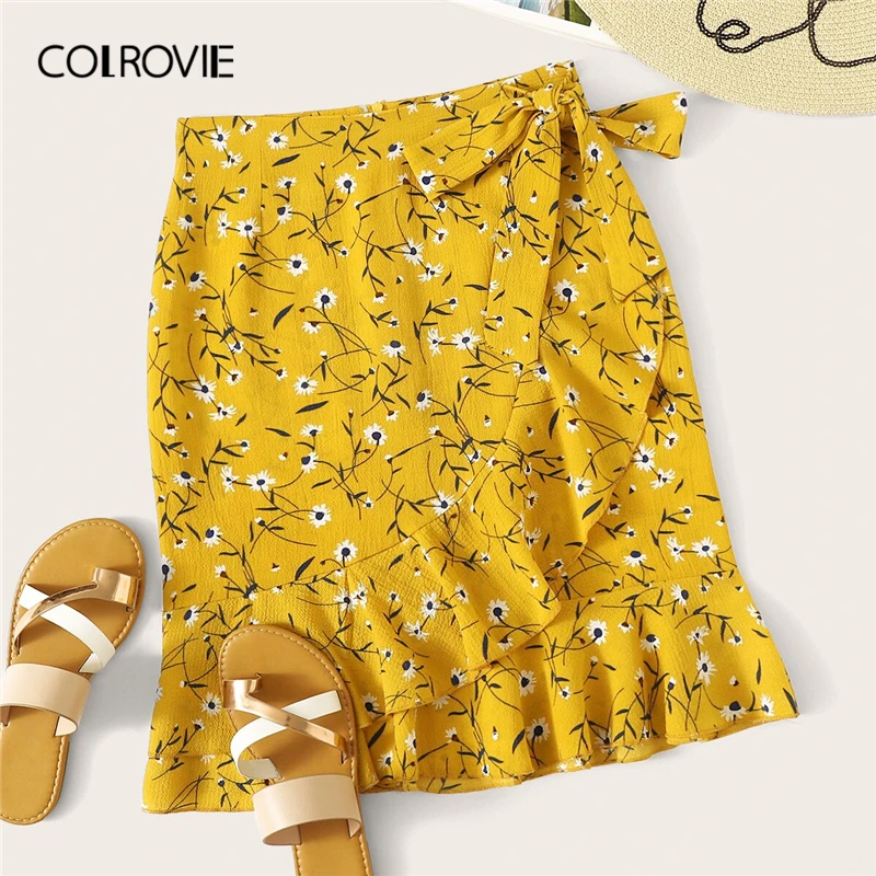 

COLROVIE Yellow Ditsy Floral Ruffle Hem Knot Wrap Girly Boho Mini Skirt Women 2019 Summer Red Beach Holiday Wear Female Skirts