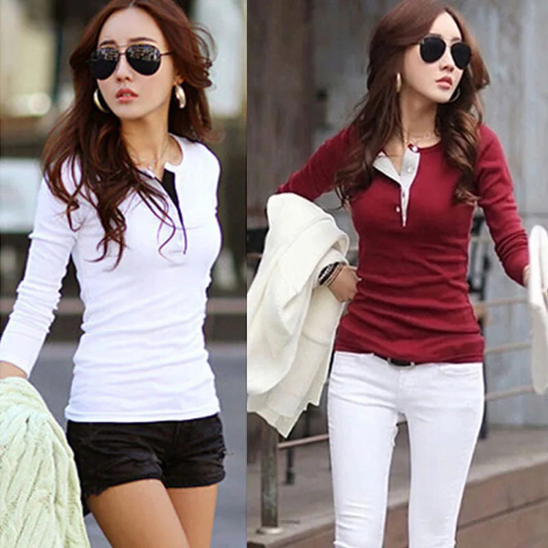 New Spring Autumn Women T-shirts Clothing Slim Long sleeve shirt Cotton V-neck Tops Tee Blusas Femininas t-shirt