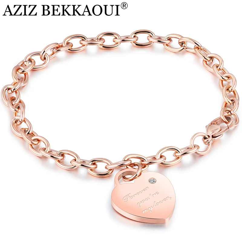 AZIZ BEKKAOUI, розовое золото, персонализированное имя, кристалл, сердце, кулон, браслеты из нержавеющей стали, браслеты для женщин, романтический подарок