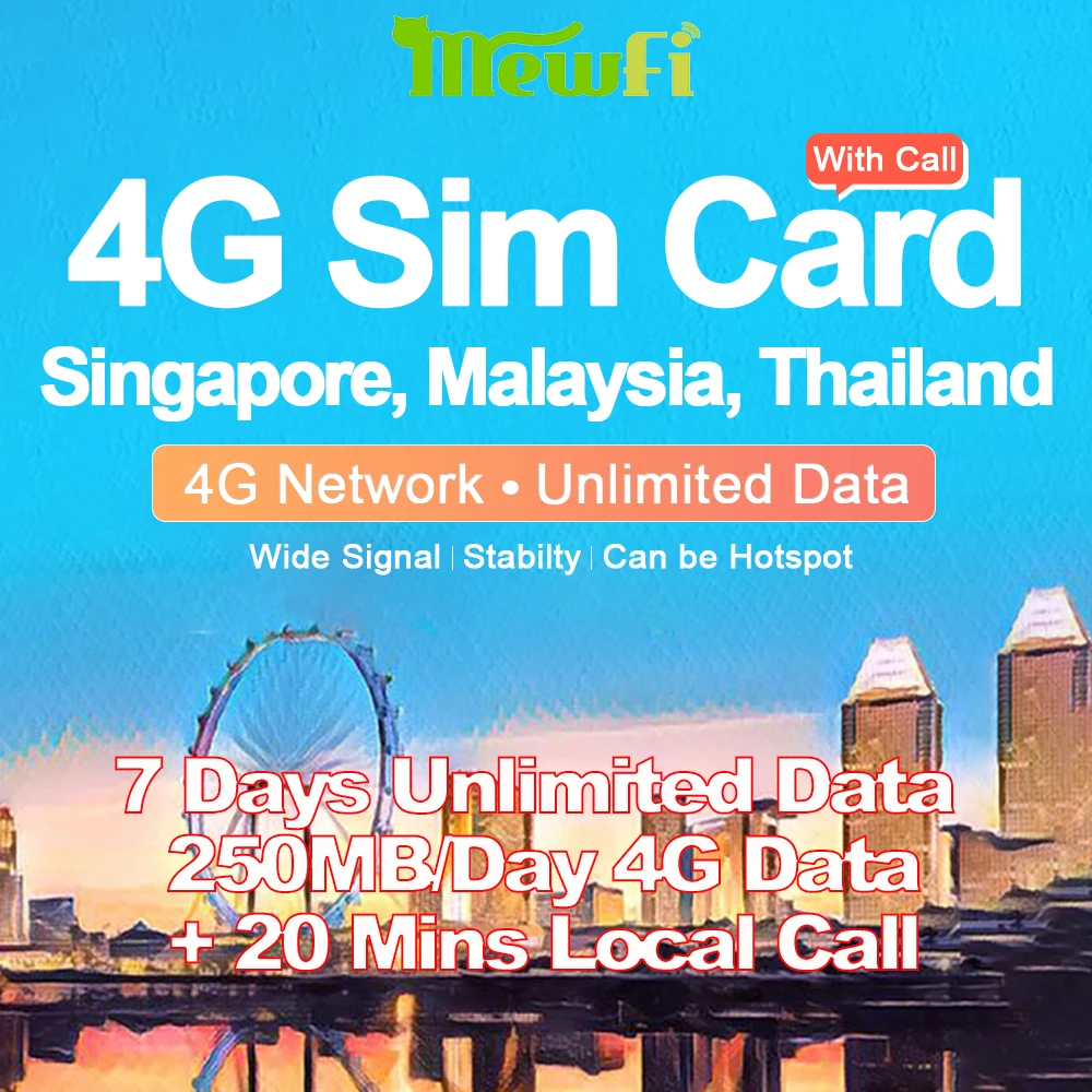 

Mewfi Travel Sim Card 7 Days Unlimited Data+20 Mins Call For Singapore/Malaysia/Thailand 250MB/Day 4G Data 3in1 Prepaid Sim Card