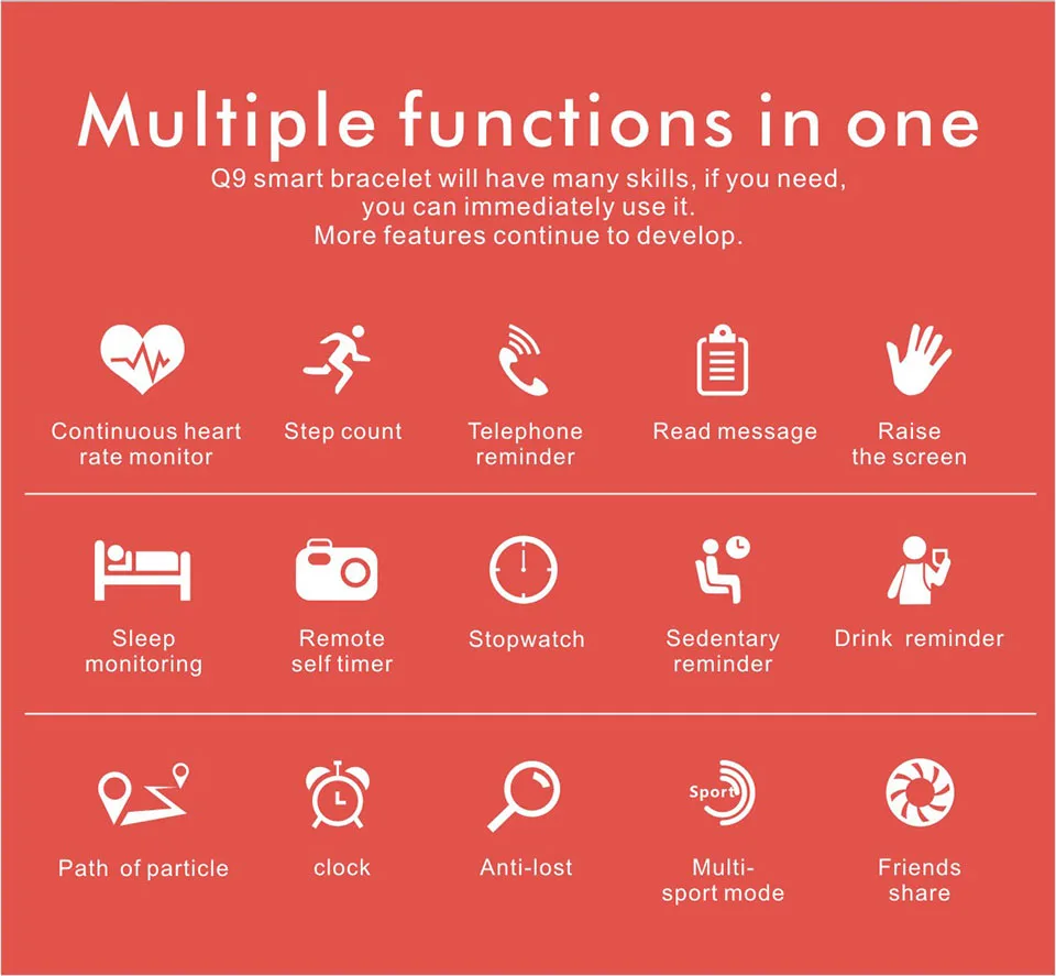 Q9 смарт-браслет 1.3TFT HD крови Давление кислорода Heart Rate Monitor мульти-спортивный режим Фитнес Bluetooth браслет PK группа 3