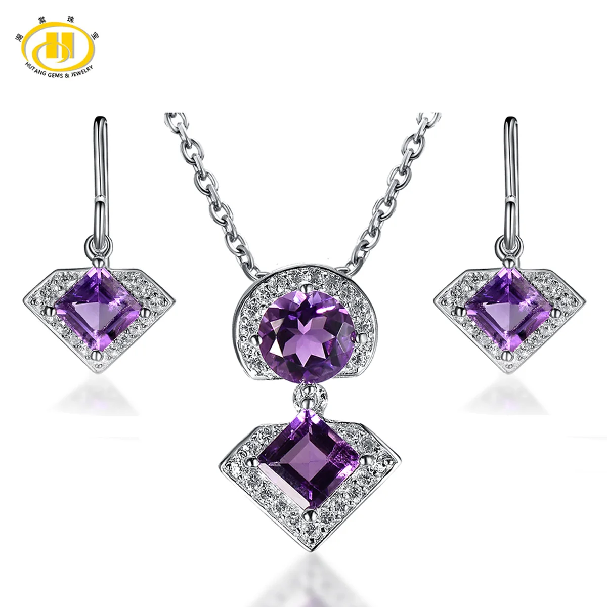 

Hutang Diamond-Jewelry Sets Geometric Amethyst Stone Maxi Necklaces & Pendants Earrings for Women Fine 925 Silver Choker Earing