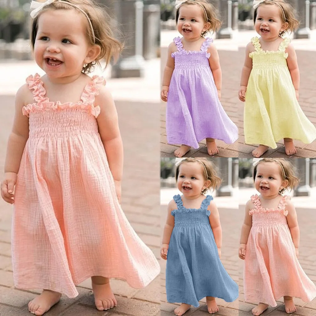 

Dress Girl Summer Cotton Children Dresses Kids Girl Sleeveless Solid Ruffle Linen Strap 2019 Casual Spring Baby Clothes k507