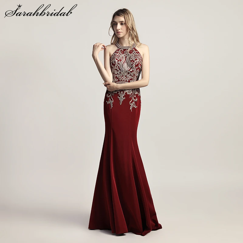 

Robe De Soiree Elegant Long Formal Mermaid Evening Dress Burgundy Halter Crystal Beaded Sleeveless Sweep Train Party Gown LSX440