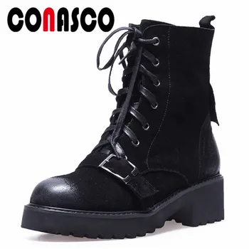 

CONASCO Brand Black Women Cow Suede Ankle Boots High Heels Corss-tied Short Motorcycle Boots Zipper Short Basic Boots Shoes