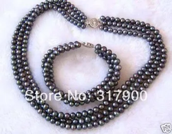 

3Rows 7-8mm Black Pearl Necklace Bracelet Set