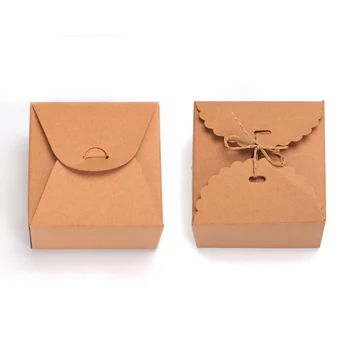 

20 pcs kraft paper gift packaging boxes with Bow ribbon hemp rope Wavy 9x9x6cm small paper box wedding Party candy cake supplier
