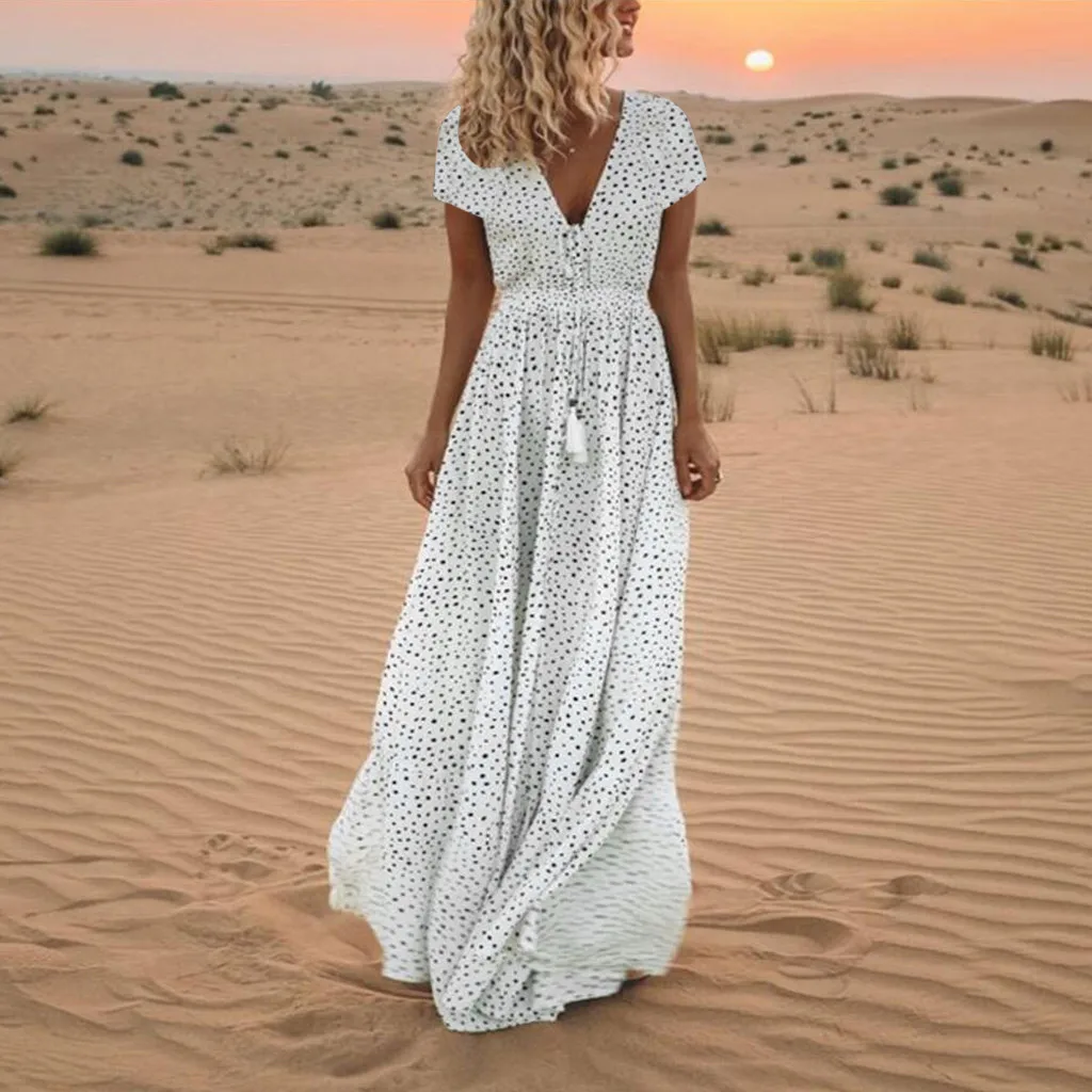 

Polka Dot Summer Dress 2019 Women V-Neck Short Sleeve Maxi Dress Casual Holiday Female Long Dress