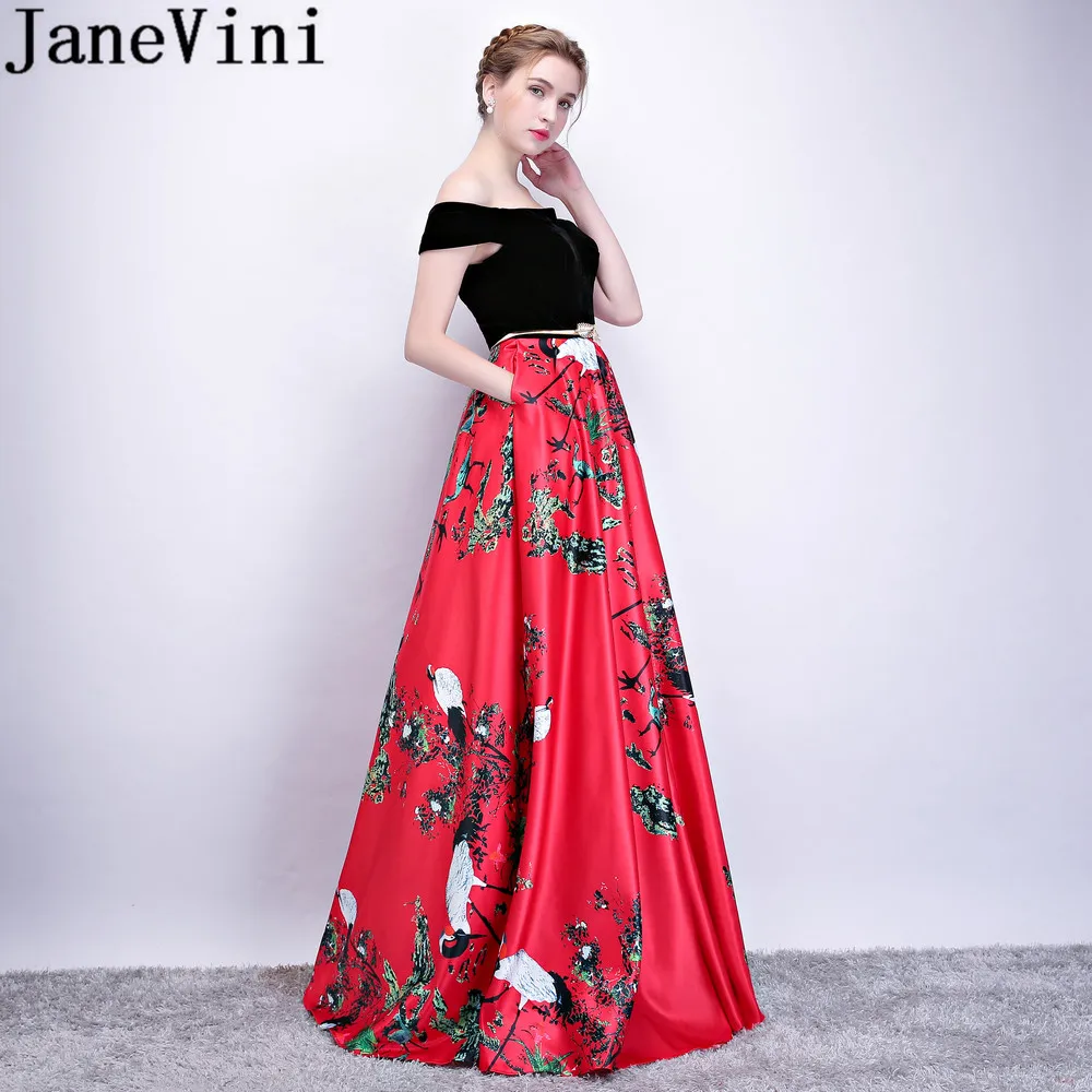 JaneVini Chinese Style Yellow Evening Dresses Long Floral Satin Formal Party Gowns Gold Sash Off Shoulder Pocket Dress Jurk Lang