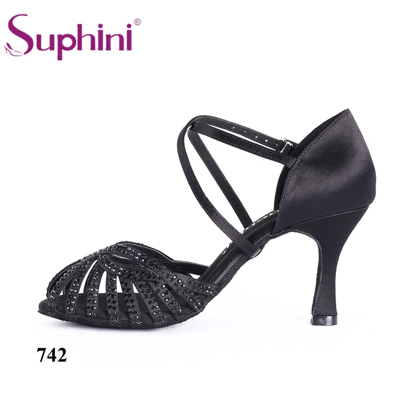 Suphini черный атлас со стразами ручной работы Женская Профессиональная Сальса латинские танцевальные туфли