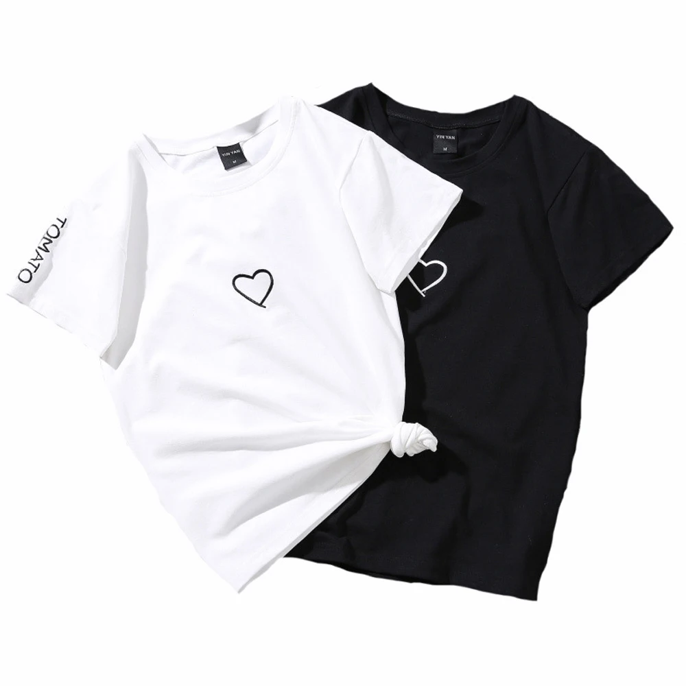 

2019 Summer Couples Lovers T-Shirt For Women Casual White Tops Tshirt Women T Shirt Love Heart Embroidery Print T-Shirt Female