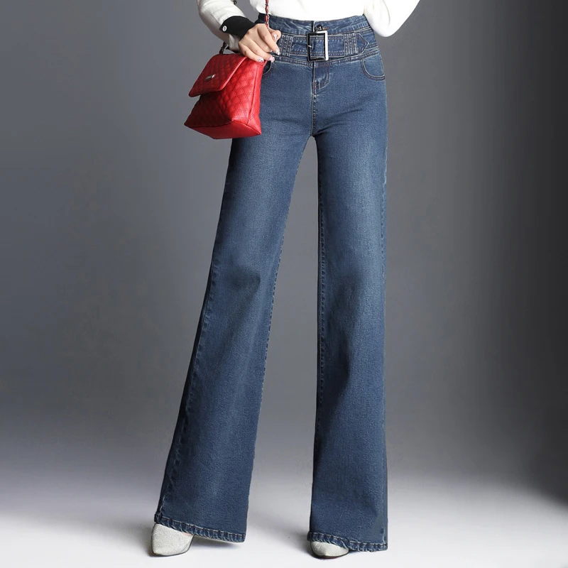 Новые женские элегантные расклешенные книзу джинсы с широкими штанинами с высокой талией женские красивые модные джинсы размера плюс прямые потертые джинсы с поясом - Цвет: Синий