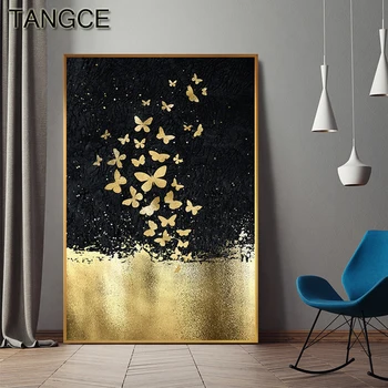 Mariposa dorada abstracta bailando en la pintura de cielo en lienzo impresión moderna cartel F sala de estar Cuadros arte de pared decoración salón