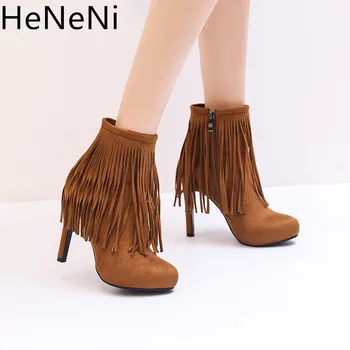 

New Autumn Winter Fashion Woman Fringe Ankle Boots 11CM High Heels women Boots Sexy Pointed Toe Boots Plus size 34-43