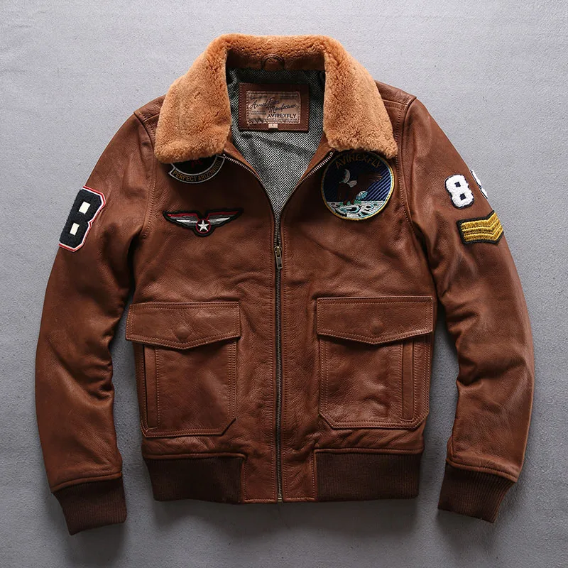 New Men Air Force Flight Coat Fashion Fur Collar Soft Sheepskin Motorcycle Jacket Real Bomber Jackets Winter Russia Coats - Цвет: Шампанское