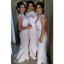 Blush Pink African Nigerian Lace Long Bridesmaid Dress Mermaid Wedding Party Dress Formal Dresses Sexy Appliques Backless Jewel