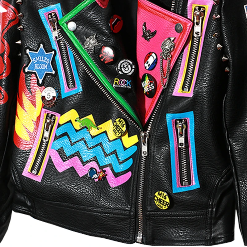 Harajuku Wq176 Femelle Cuir Pu Moto Survêtement Zipper Manteau Femmes En Automne Black Épaulette Rivet Lady Veste Imprimé wO8IZq