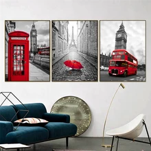 Красный автобус зонтик телефонная будка холст живопись Лондон пары плакат скандинавские черно-белые настенные художественные картины кухня Искусство домашний декор