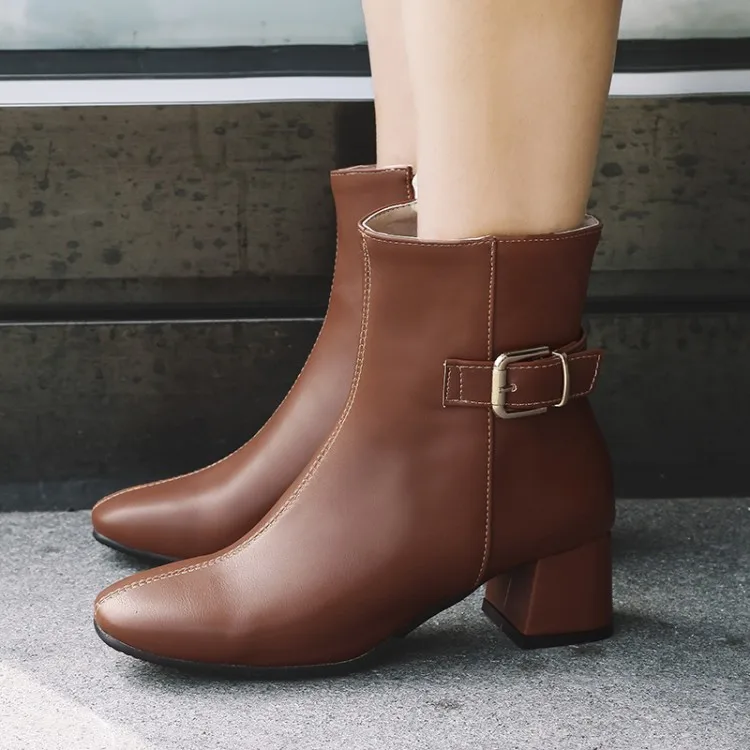 

Big Size 11 12 13 Europeans and Americans with round head, thick heel, side zipper, belt buckle boots