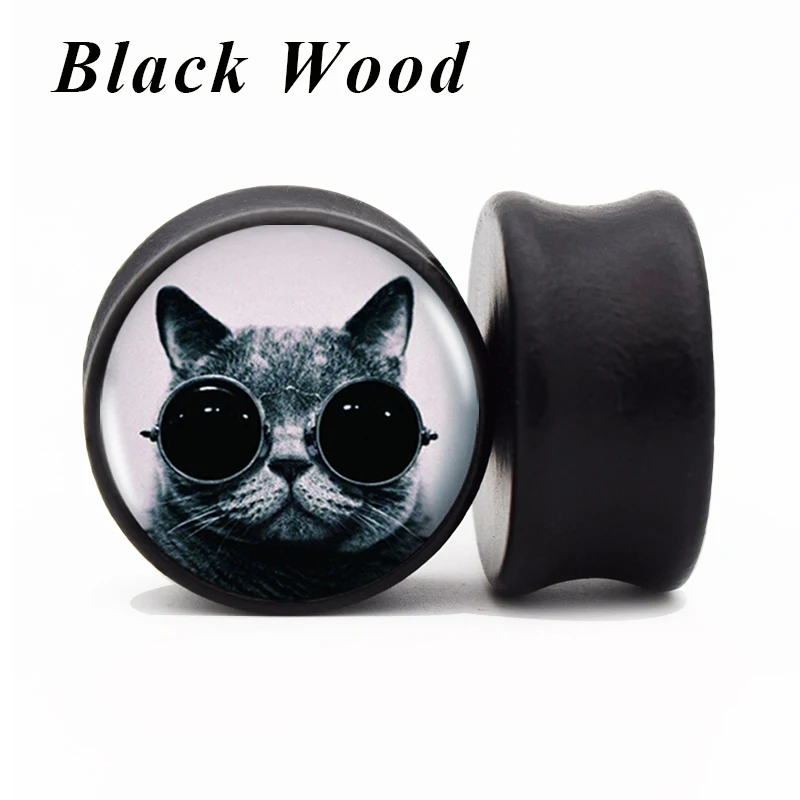 2pcs/lot Steampunk Cool Cat Black Wood Ear Gauge Saddle Fit Ear Plugs