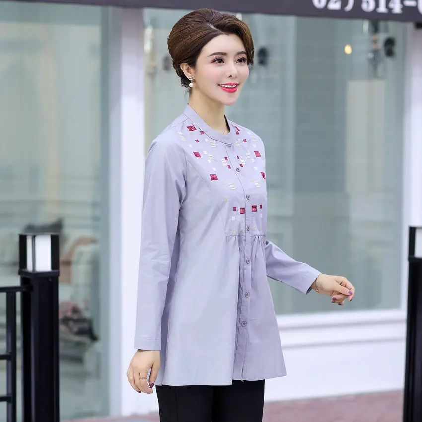 Women Plaid Stitchwork Tunic Gray Black Peplum Blouse Woman Casual Cotton Tops Plus Size Shirt Lady Embroidery Peasant Blouse XL Blouses