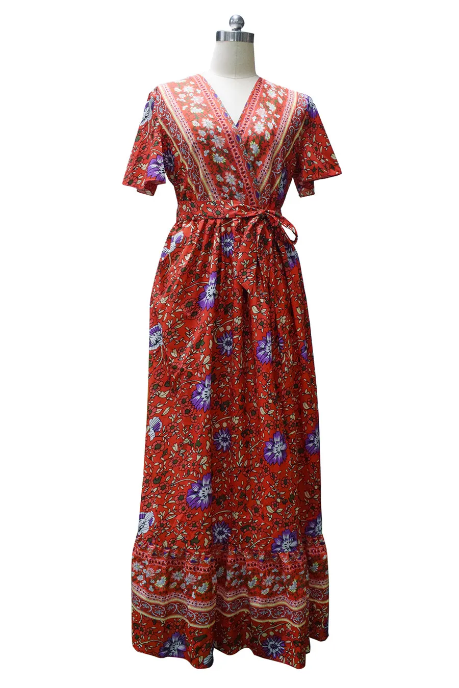 Gladiolus Bohemian Women Summer Dress Short Sleeve V Neck Floral Print Belt Tunic Split Sexy Beach Dresses Women 2019 Maxi Dress (26)