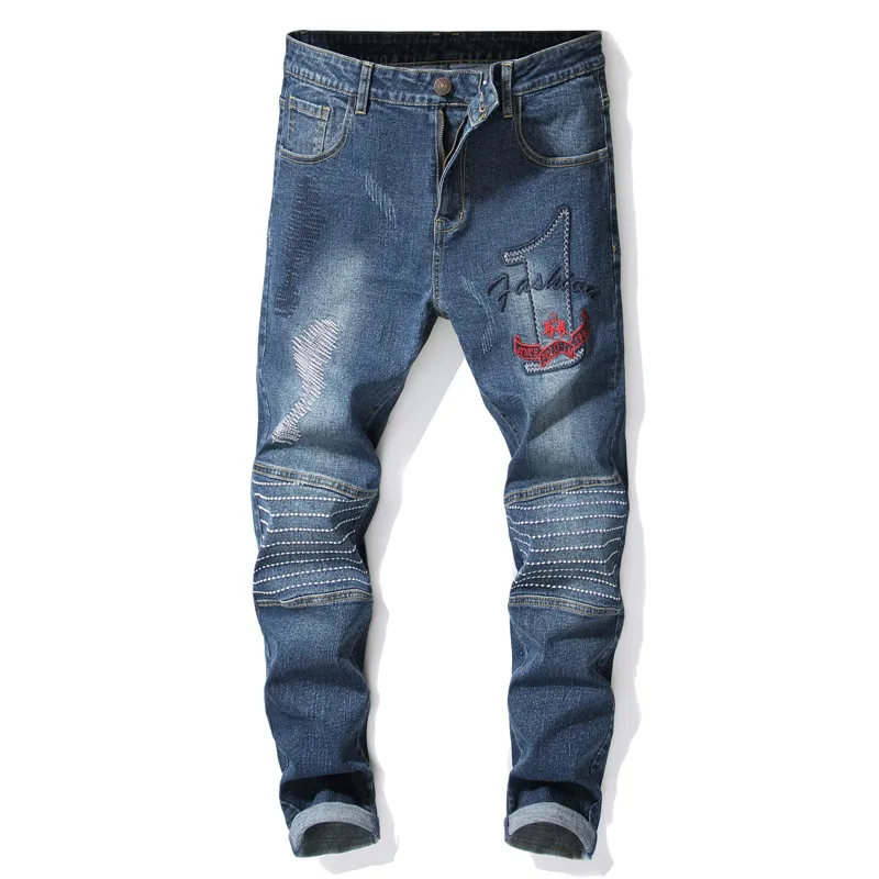 2018 Skinny Jeans Men Hip Hop Stripe Elastic Slim Fit Denim Pants Male Stretchy Pencil Bottoms street Knee Embroidery Jean