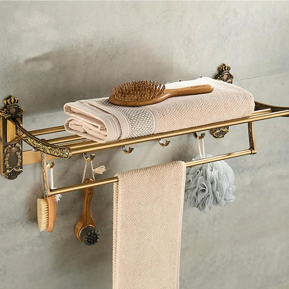 

Aluminum Foldable Antique Brass Bath Towel Rack Active Bathroom Towel Holder Double Towel Shelf With Hooks Bathroom Accessories