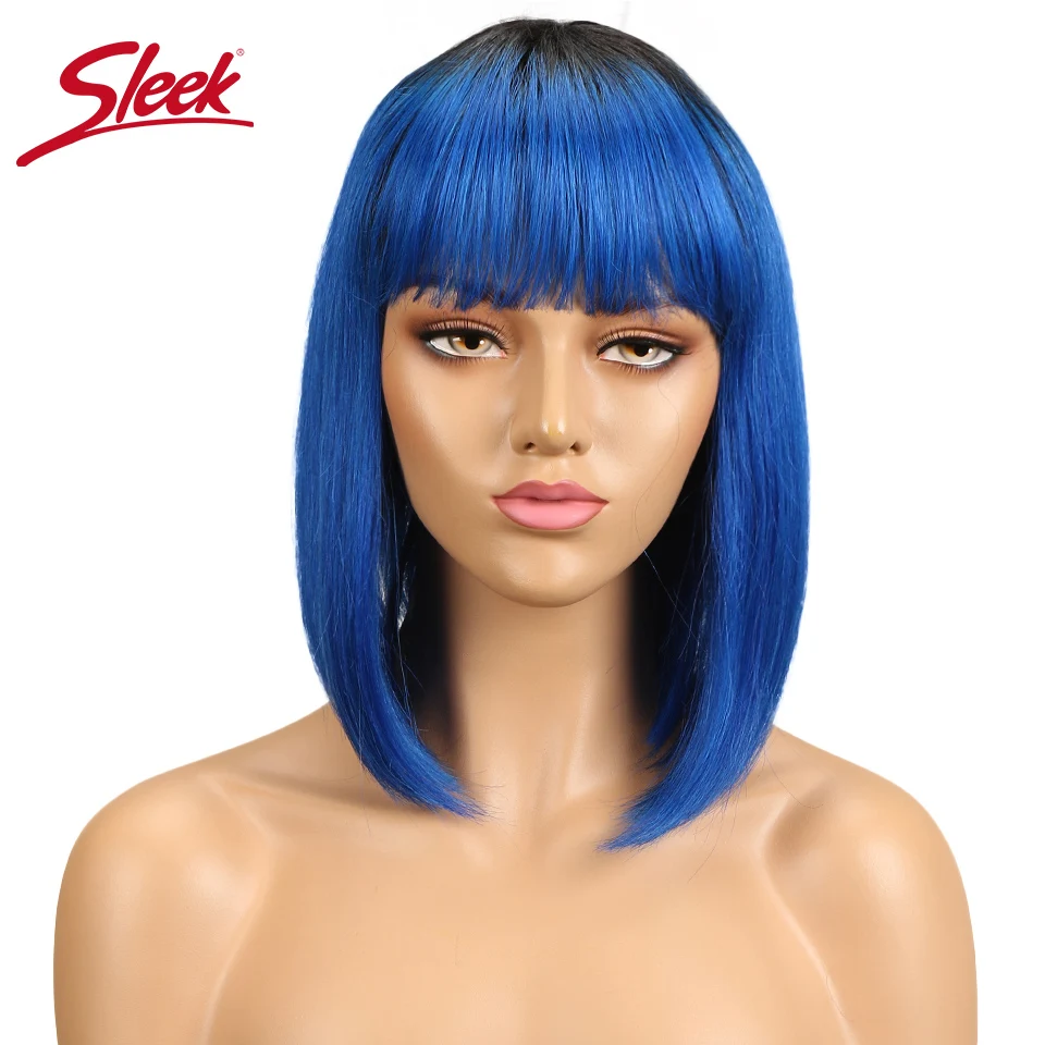 

Sleek Blue Straight Human Hair Wigs With Bangs Brazilian Remy Hair Human Hair Wig Perruque Cheveux Humain Cheap Free Shipping