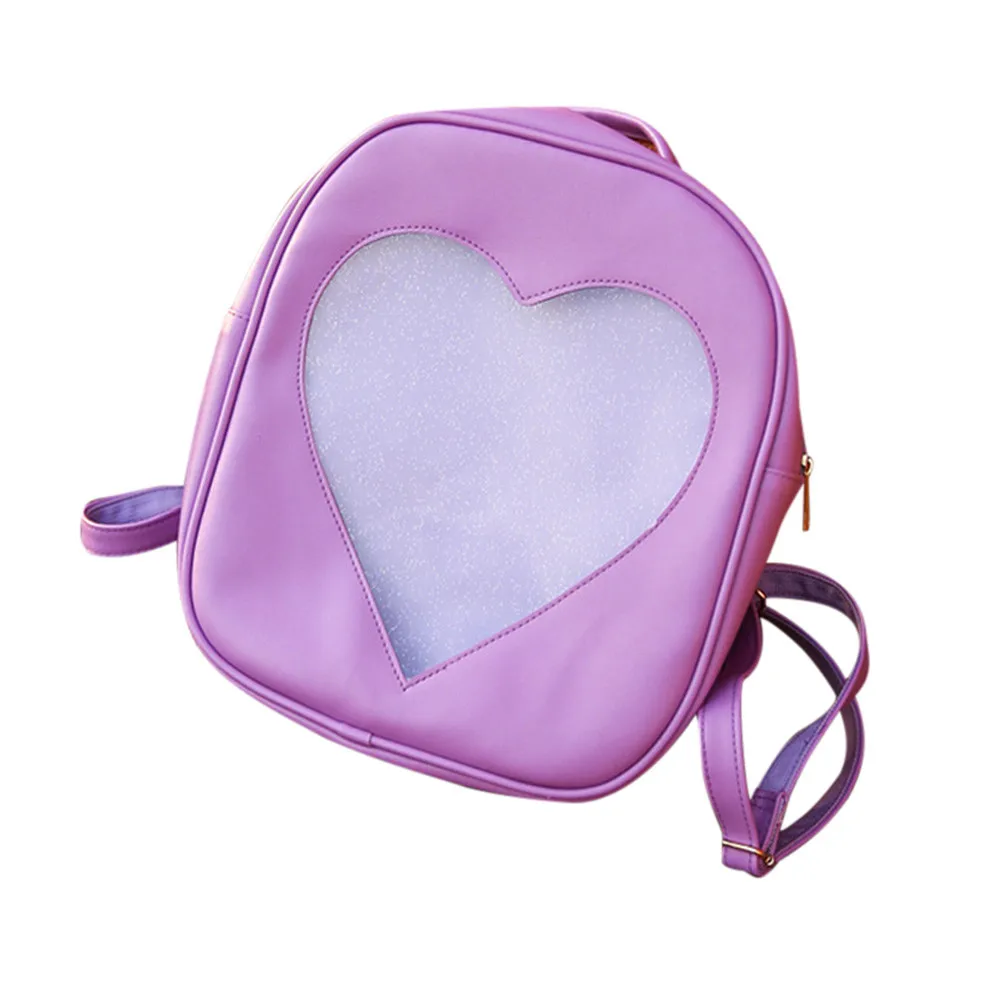 Candy Color PU Leather Ita Bag DIY Transparent Love Heart Shape Backpack Kawaii Harajuku Schoolbags For Teenage Girls#L10