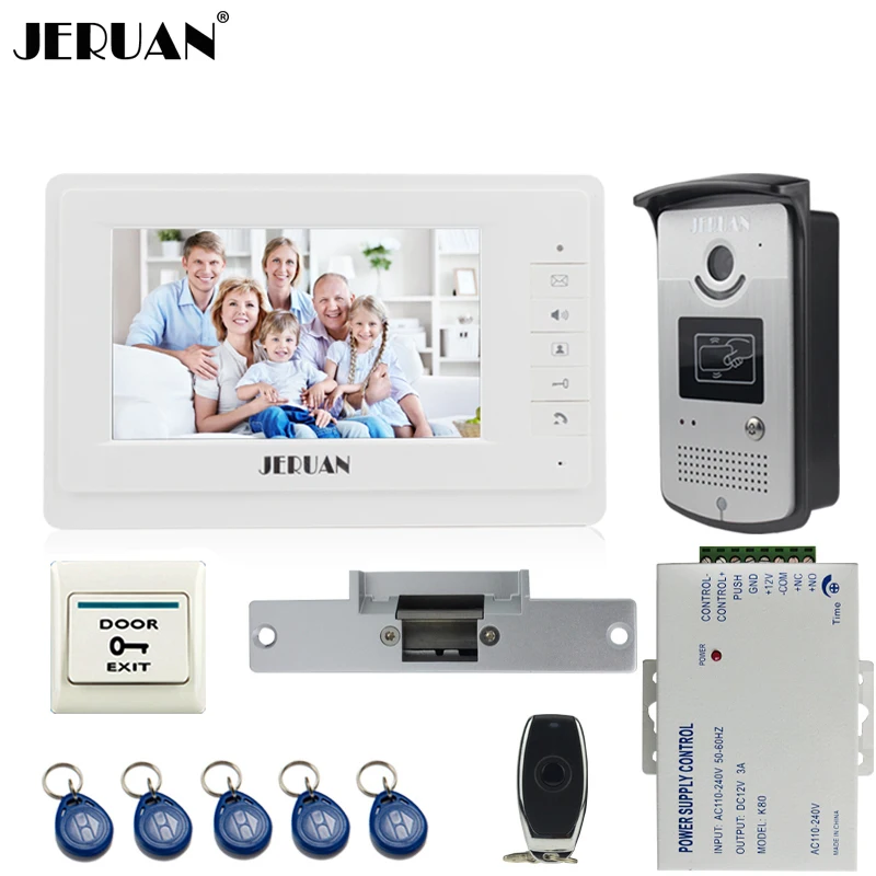 

JERUAN Home Wired 7 inch TFT color video door phone intercom system 700TVL RFID Access IR Night Vision COMS Camera Cathode lock