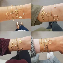 1 комплект классическая золотая цепочка Луна кристалл в форме листика многослойный Регулируемый Открытый браслет набор женские модные вечерние ювелирные изделия несколько стилей