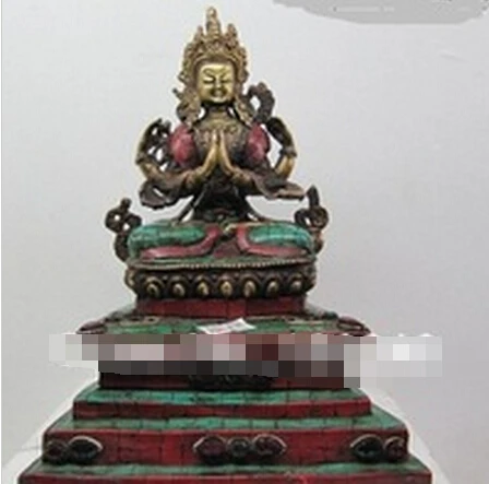 

B0601 404 8.5"Tibet Pure Bronze inlay beryl turquoise coral Four Arm Hands KwanYin Buddha statue