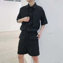 Для мужчин короткий рукав Свободные Повседневная рубашка шорты брюки-карго Брюки мужские летние уличной хип-хоп панк готический комбинезон брюки