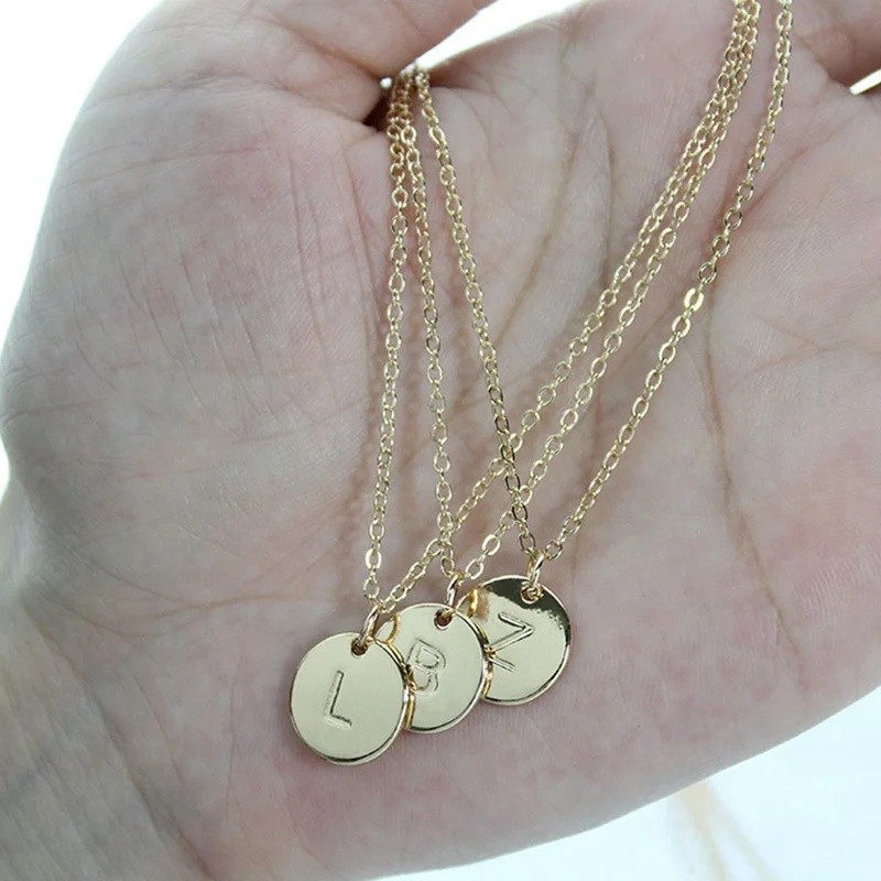 

26 Letters Initial Necklace Silver Golden Disc Necklace Alphabet Women Kolye Collier Friends Family Name Coin Letter Necklace